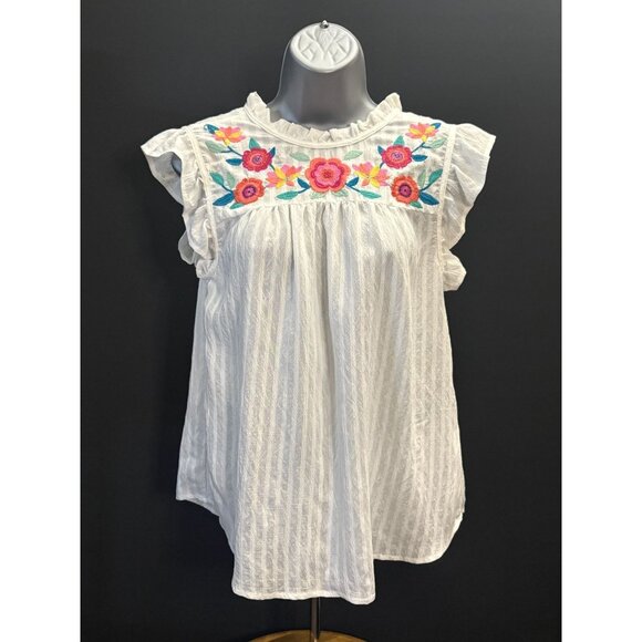 Blu Pepper Unknown Tops - Blu Pepper Floral Embroidery Yoke Ruffed Sleeves Blouse Fiesta Pink Orange Teal